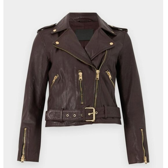 AllSaints Balfern Leather Biker Jacket Brown READ - Picture 1 of 16